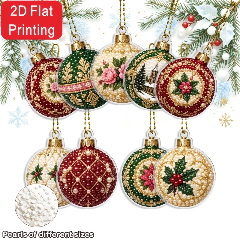 TEMU 9pcs 2d/flat Printing, New Size Pearl Diamond Creative Pattern Christmas Ball Double-sided Full Diamond Keychain Diamond Painting Painting Kit,