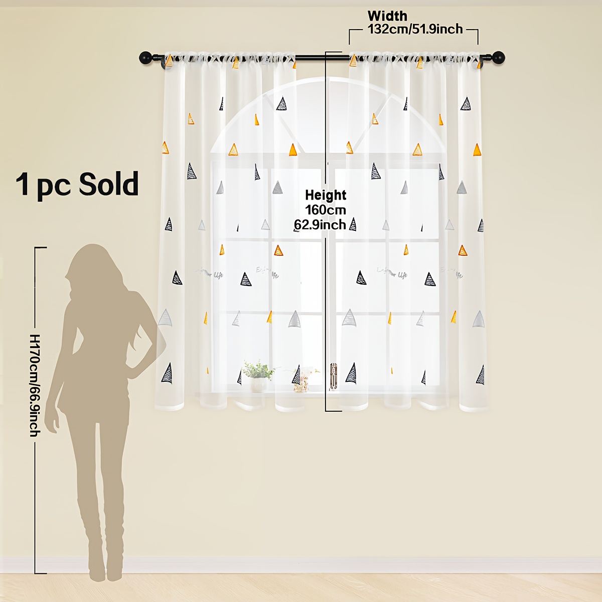 Image of 1pc Multicolor Triangular Embroidered Sheer Curtain, White Translucent Gauze, Rod Pocket, Easy Style Window Scarf For Rooms, Living Room And Bedroom Decor