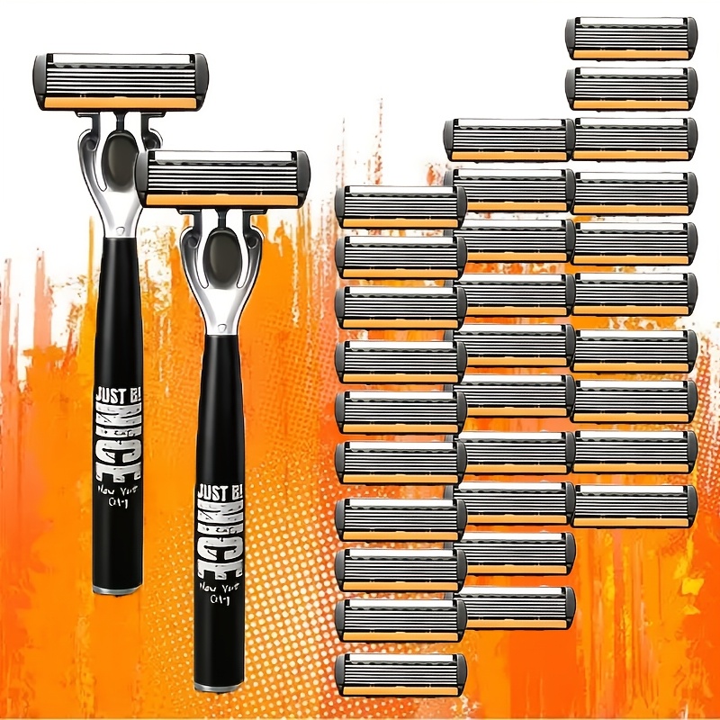 TEMU 2 Black Nice Handle 30 Replacement Blade Heads 6-layer Manual Shaving Kit | Men's Manual Safety Razor Set With 6-layer Stainless Steel And Aloe