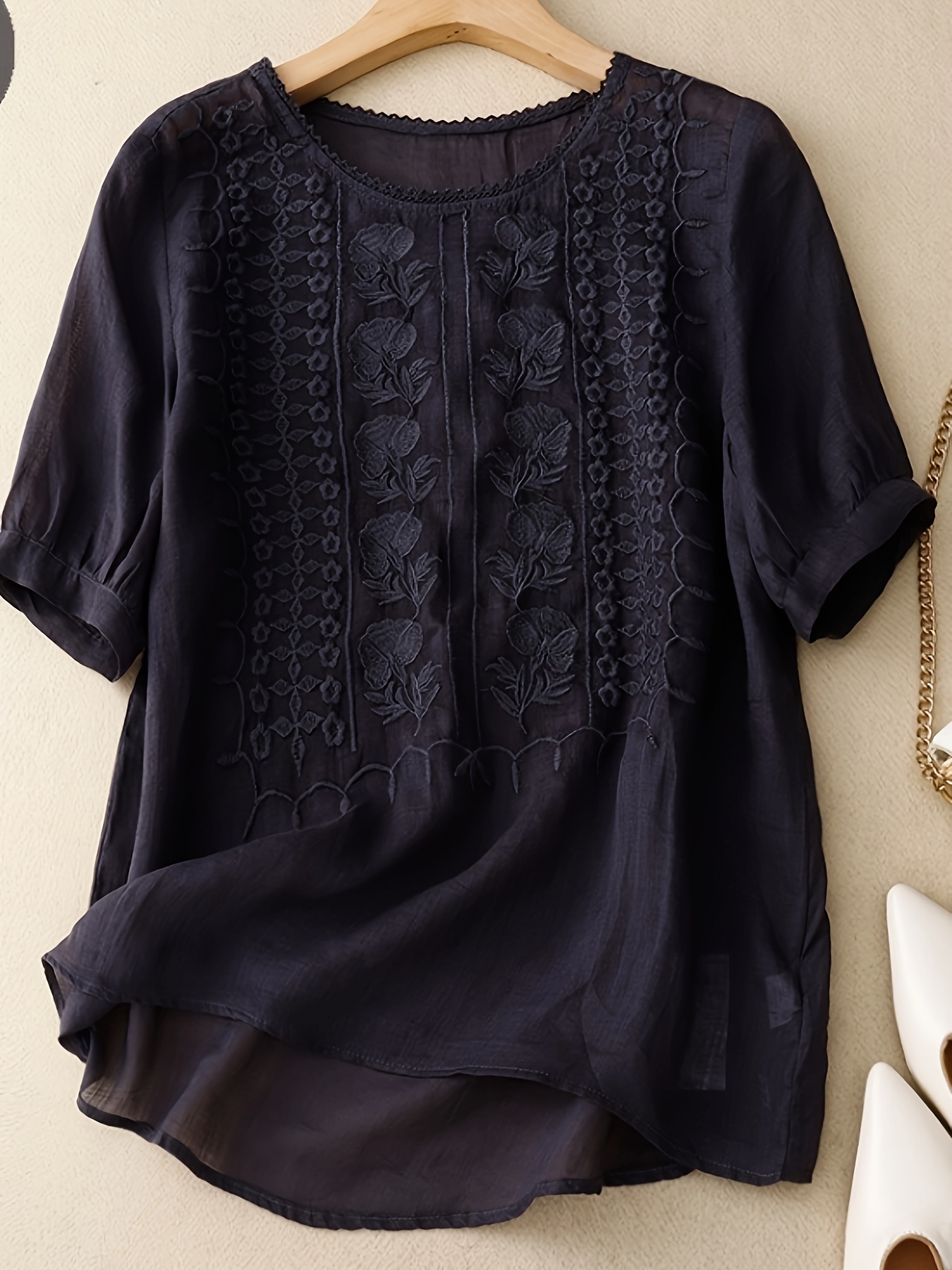 Embroidered Mesh Loose Blouses Vintage Crew Neck Long Sleeve - Temu