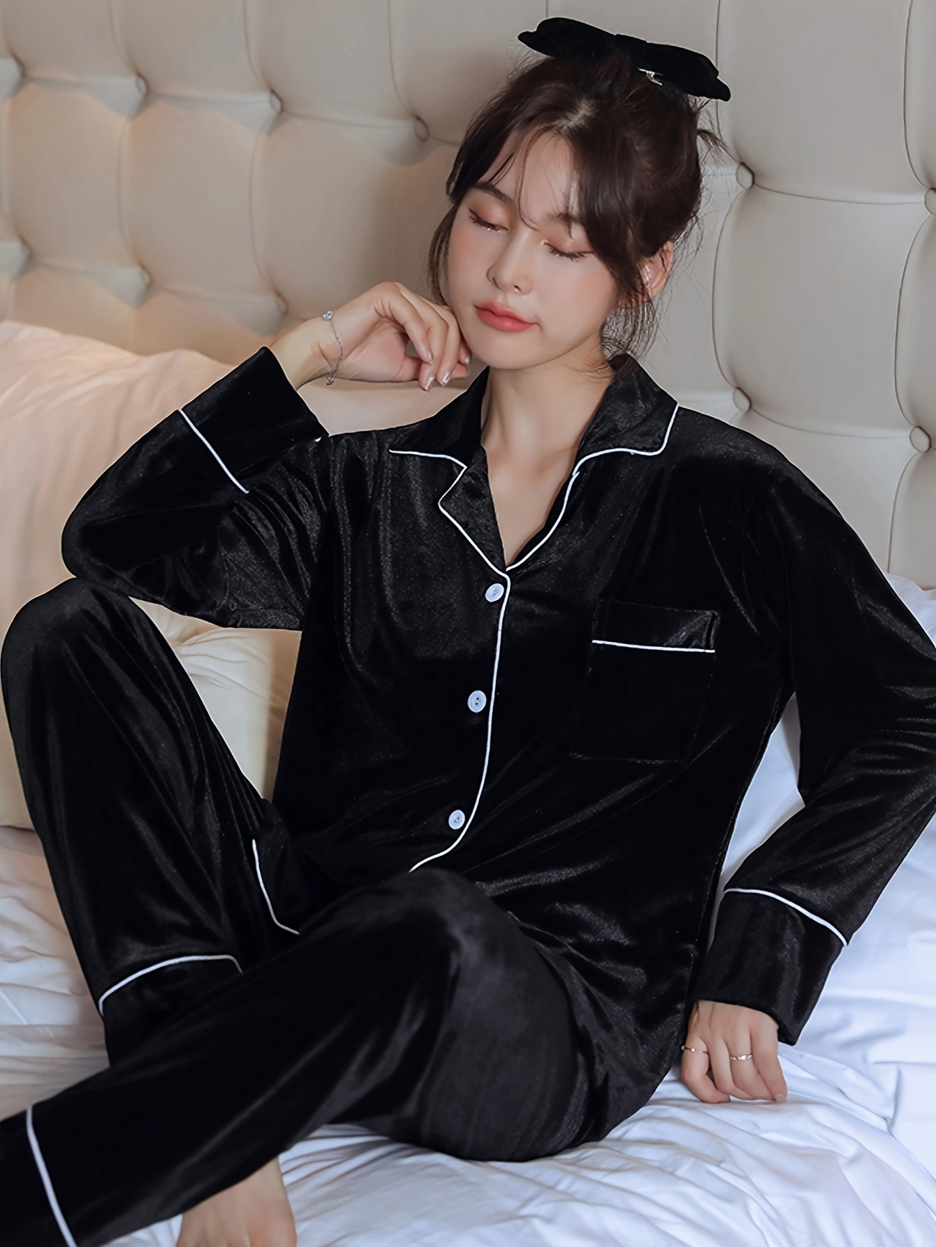 womens black velvet long sleeve pajama set casual button v Temu