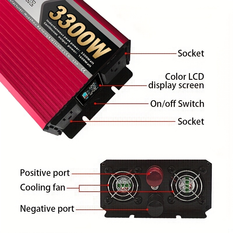 3300W Pure Sine Wave Inverter 12V DC to 120V AC Converter for Home, RV, Truck, Off-Grid Solar Power Inverter with Built-in 5V/ 2.1A USB, AC Hardwire Port