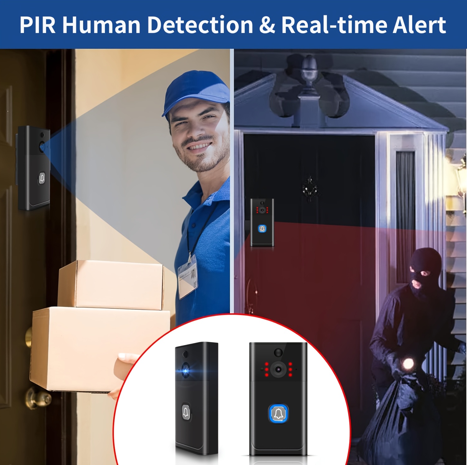 Timbre de puerta inalámbrico, audio bidireccional, video HD, cámara de timbre inalámbrico, cámara Wi-Fi con visión nocturna, alerta en tiempo real, alimentado por batería, timbre inteligente con campana, timbre de seguridad inteligente para el hogar, almacenamiento local y en la nube, fácil instalación.