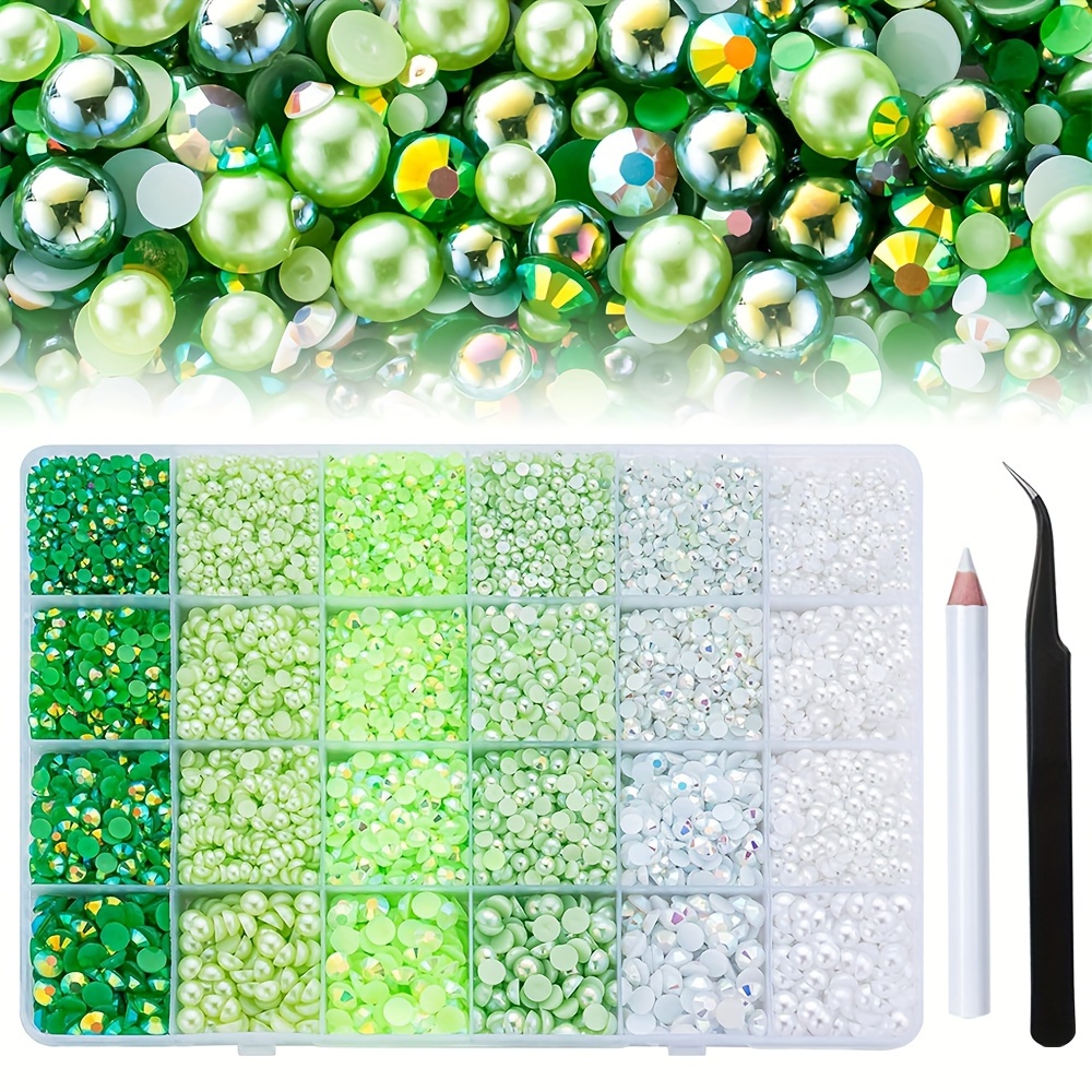 

Green Flat Back Pearls & Resin Rhinestones 14000pcs Set For Diy Crafts, Tumblers, Shoes, Nail Art, Face Painting - Includes Tweezers & Wax Pen, 3mm-6mm Sizes