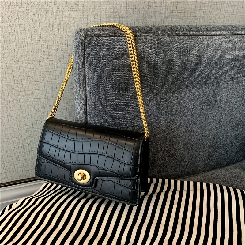 

Sac à bandoulière élégant en cuir pour femmes - Sac à main crocodile noir uni avec fermeture à boucle vintage, bandoulière en chaîne et doublure en cuir