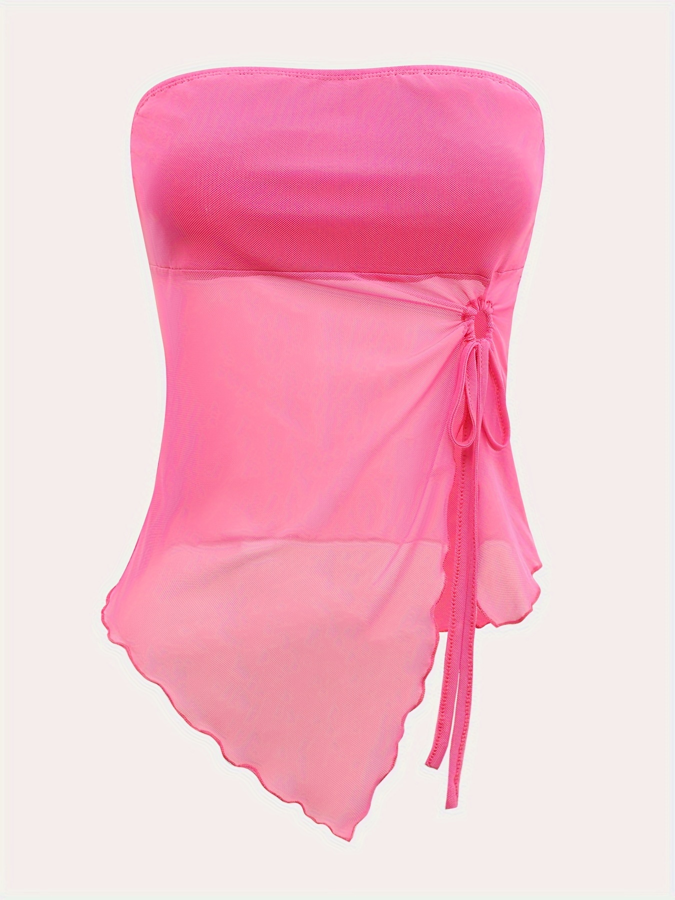 lavender mesh tube top asymmetrical hem drawstring detail
