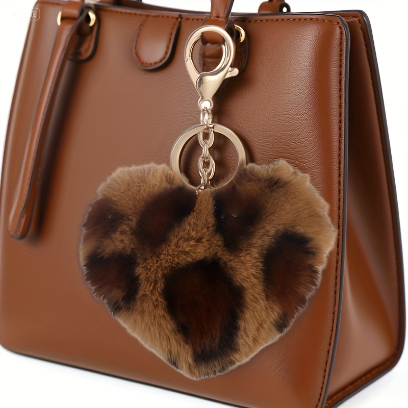 1pc Heart-shaped Leopard Plush Keychain Compatible For Women's Handbags & Backpacks - Black & Print Soft Fluffy Key Ring Accessory, Cute Charm For Purses
