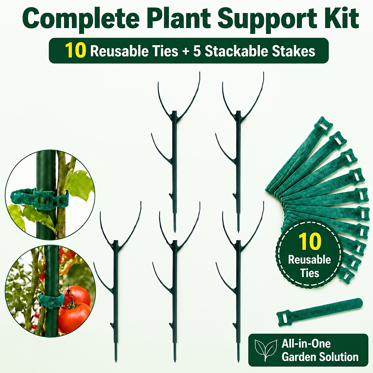 Image of 10pcs Reusable Garden Plant Ties, 5pcs Anti-toppling Support Stakes, Adjustable Garden Support Kit Decoration, Suitable For Climbing Vines, Flowers, Tomatoes, Indoor Outdoor Gardening Fixing Support