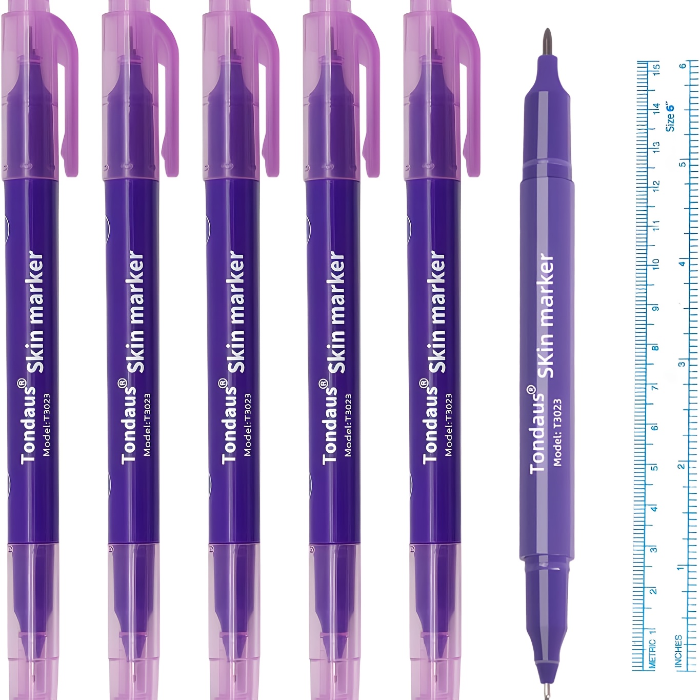 Image of 6pack Purple Permanent Makeup Tattoo Skin Marker Pen Tool | Eyebrow Microblading Tattoo Tip Markers With Ruler, Double Heads - Purple Pen