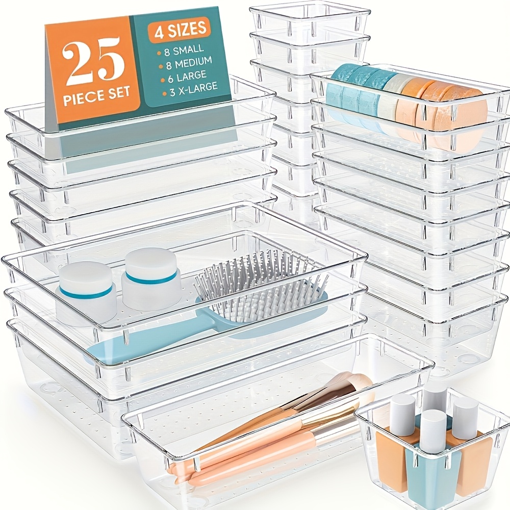 

25pcs Pet Plastic Drawer Organizer Set, Transparent Stackable Storage Boxes With Non-slip Partitions, Containers For Kitchen, Bathroom, Cosmetics, And Jewelry Organization