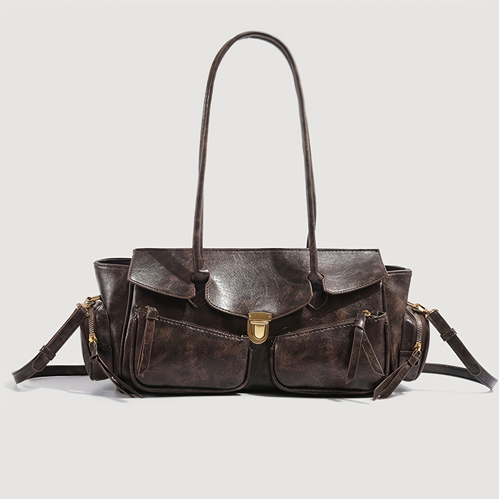 TEMU Y2k-inspired Chic Baguette Bag For Women - High Quality Pu, Detachable Shoulder Strap & Kiss Lock Closure, Solid Color Versatile Purse For