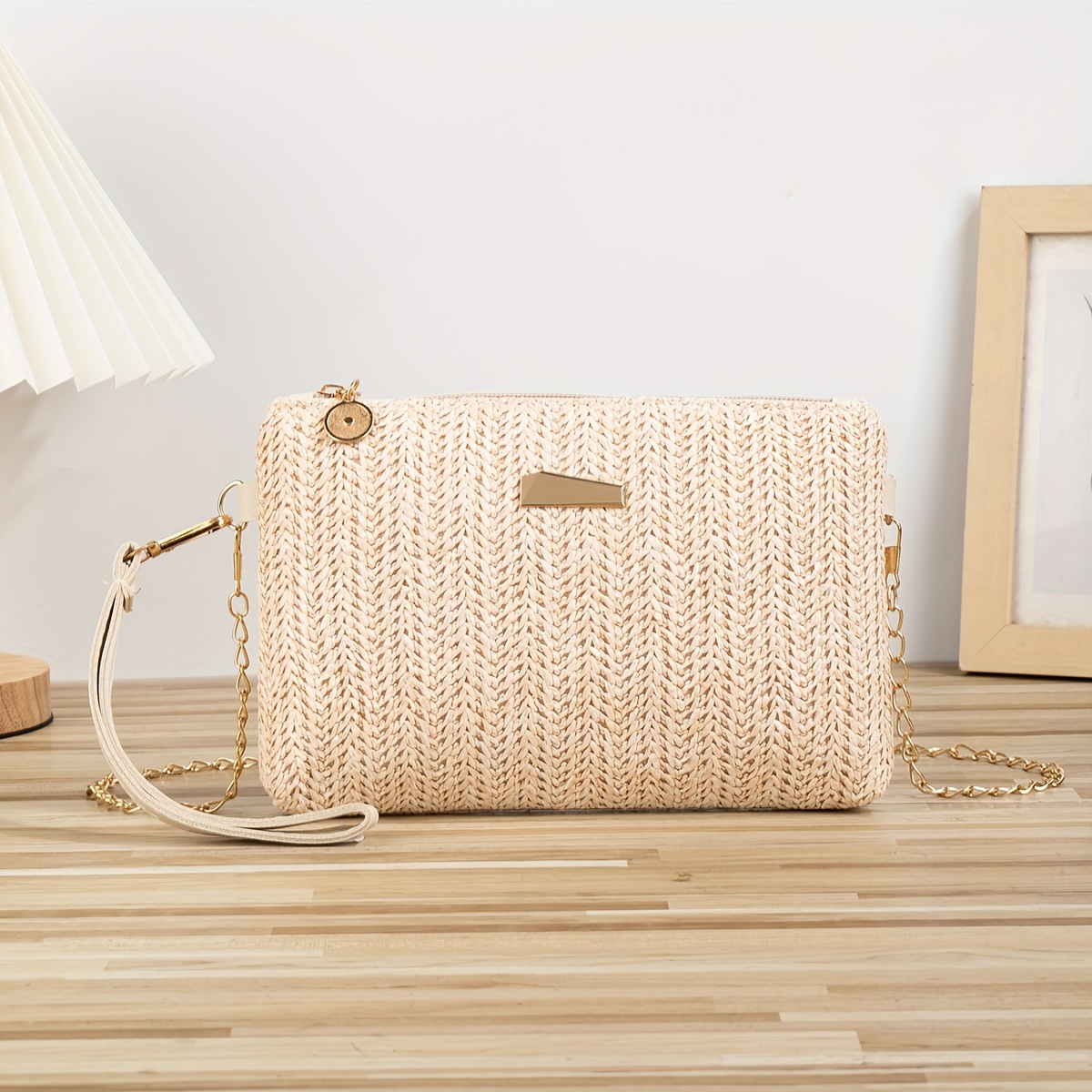 

Chic Straw Woven Clutch For Women - Lightweight, Zip Closure, Polyester Lined, Metal Chain Shoulder Bag - Beach Vacations & Use