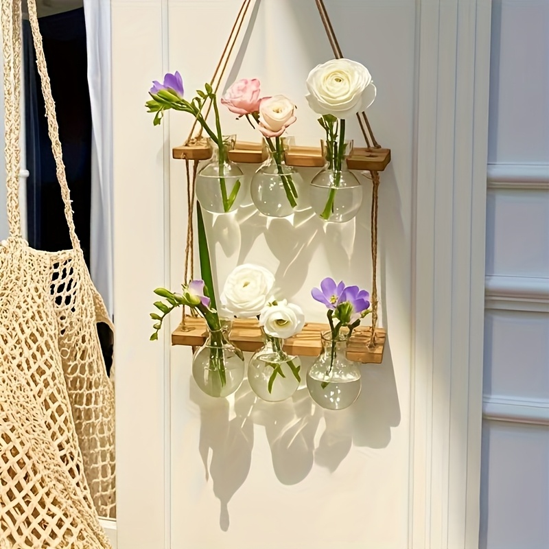 TEMU Station de propagation de plantes murale, étagère en bois à une couche, 3 vases à bulbes ou 6 vases à bulbes, étagère en bois à couches, kit de