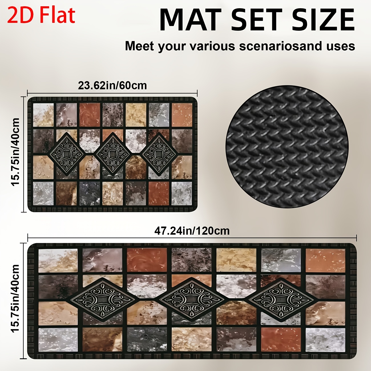 TEMU 2d Flat 2pcs Non-slip Mat Suitable For Kitchen, Entryway, Laundry Room - Soft Machine Washable With Backing, Vintage Rustic Geometric , Suitable