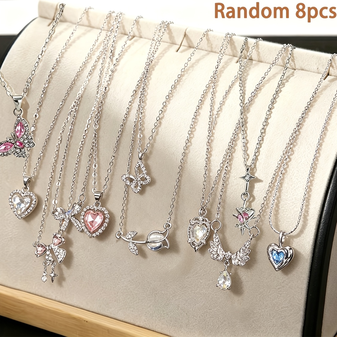 TEMU Random 8pcs Set Of Shiny Rhinestone Sweet Pink Heart Tulip High-end Design Collarbone Necklaces For Women' Wear