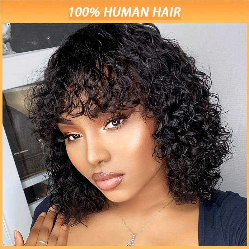 

Glueless Short Curly Wig With Bangs For Women - 6 Inch Brazilian Human Hair, , 150% Density, Machine-made, Non-lace Front Cap, & Cosplay