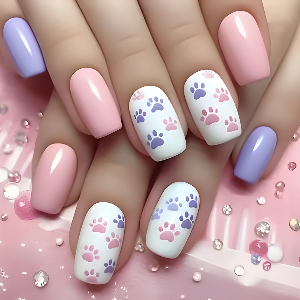 

Chic Macaron Press-on Nails With Cute Animal Paw Designs - Medium Square, Glossy For Sweet Everyday & Looks - Includes Application Tools, 24pcs Set