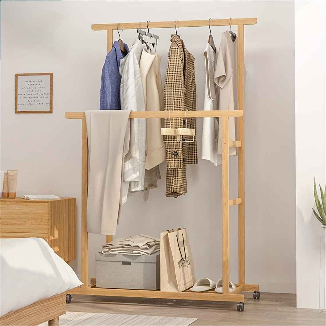 

Porte-vêtements en bambou avec double tringle : Porte-vêtements sur roulettes avec étagères de rangement, portemanteau pour robes, pantalons, chaussures 80x40x160cm