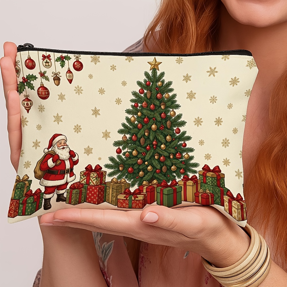 TEMU 1pc, Matériau, Trousse de Cosmétique, Trousse de Cosmétique Décoration Noël Rétro, Trousse de Toilette de Voyage Pliable, Sapin de Père Noël et