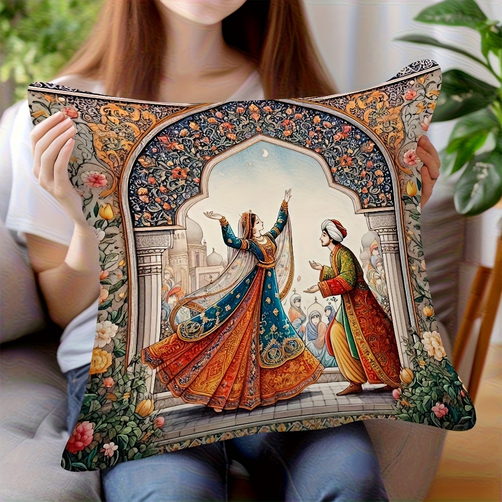 E-shop Kissenbezug im persischen Palast-Stil, 18x18 Zoll – Weicher Kurzplüsch-Kissenbezug, einseitiger Druck mit lebhaftem historischem Design,