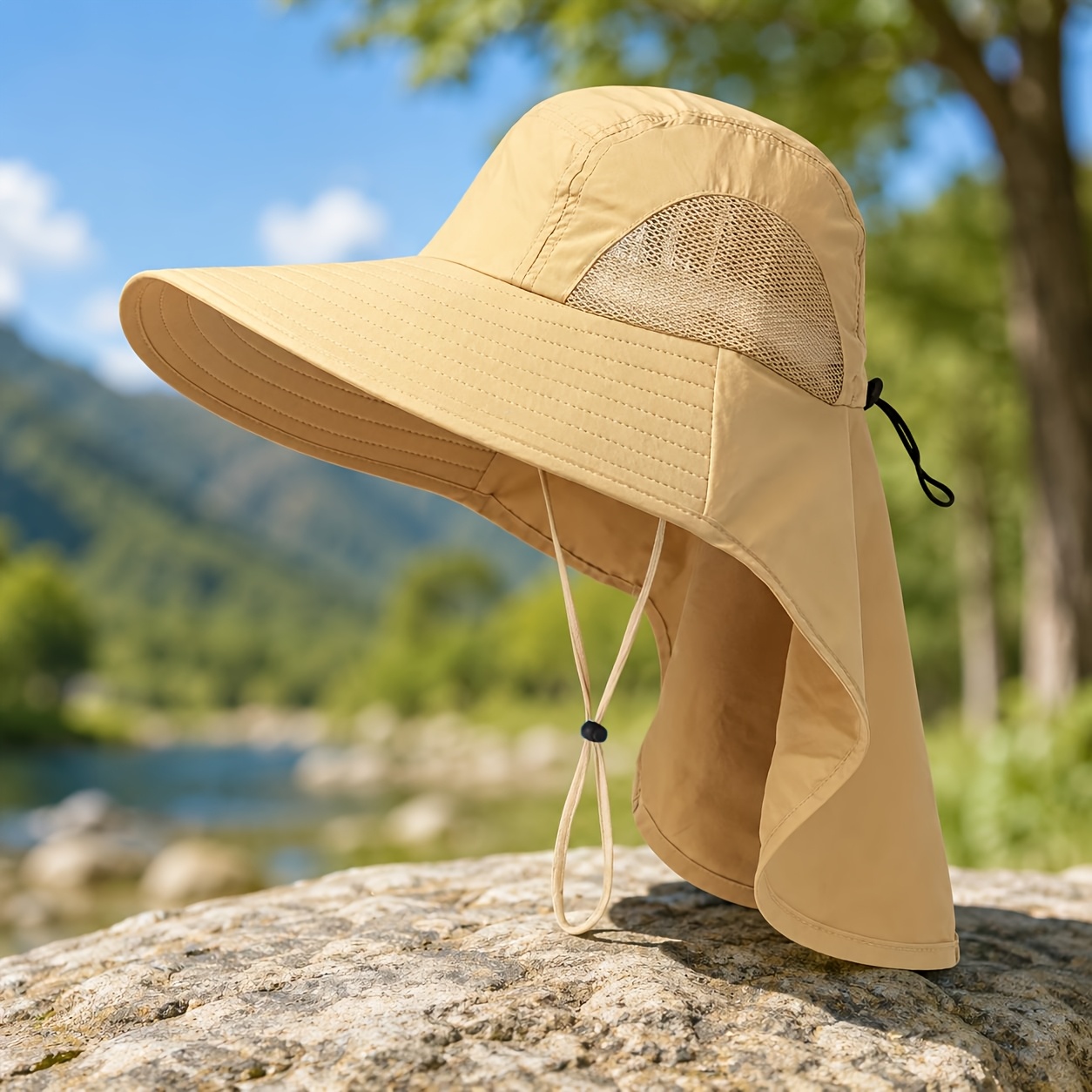 TEMU Sombrero de Sol de para Exteriores - Sombrero de Pescador Unisex de Malla Transpirable para Verano con Bufanda de Protección para el Cuello -