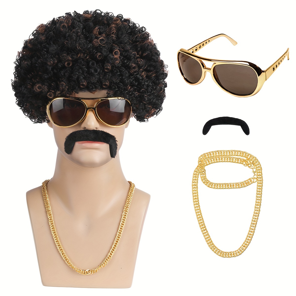 4Pcs 70s 80s Disco Afro Wigs Set With Mustache Sunglasses Golden Chain Funny Black Short Hair Synthetic Curly Toupee For Adult Men s Boys Disco Singer Rocker Hippies Costumes Cosplay New Year Party