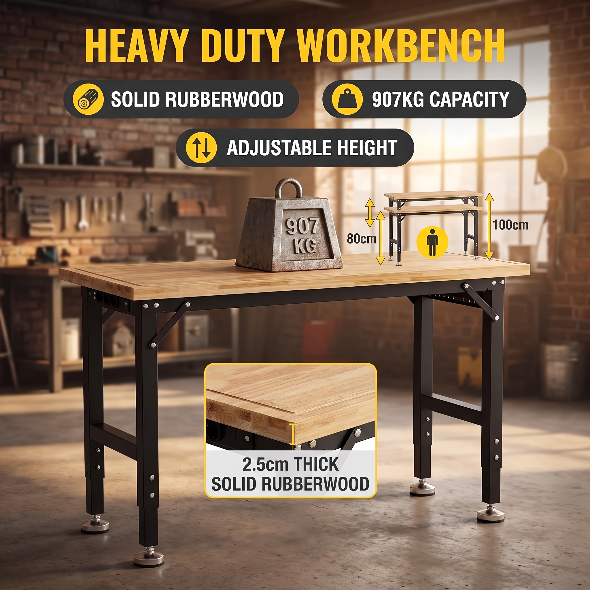 Rubberwood Workbench, Adjustable Height 80-100cm, Load Capacity 907kg, Equipped With 10 Short Hooks And 5 Long Hooks, Suitable For Like Workbenches, , Garages, Offices, Homes, Studies, Bedrooms, Etc