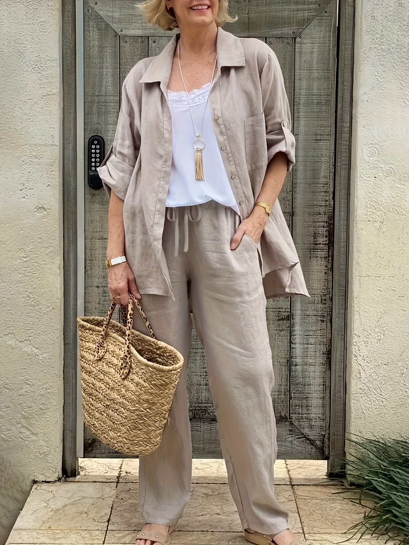 Conjunto de piezas de ropa casual para mujer, camisa con cuello y  bolsillos, pantalones holgados, ropa