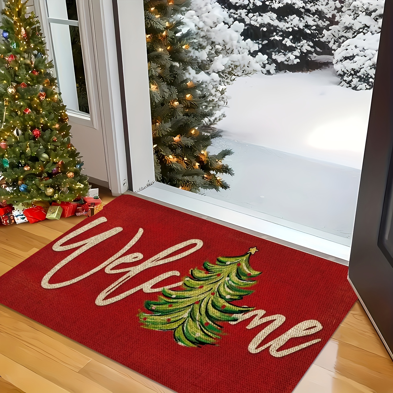 TEMU 1pc, Christmas Tree Printed Floor Mat, Fleece Material, Red Background With Beige English Letters And Green Christmas Tree Pattern, Suitable For