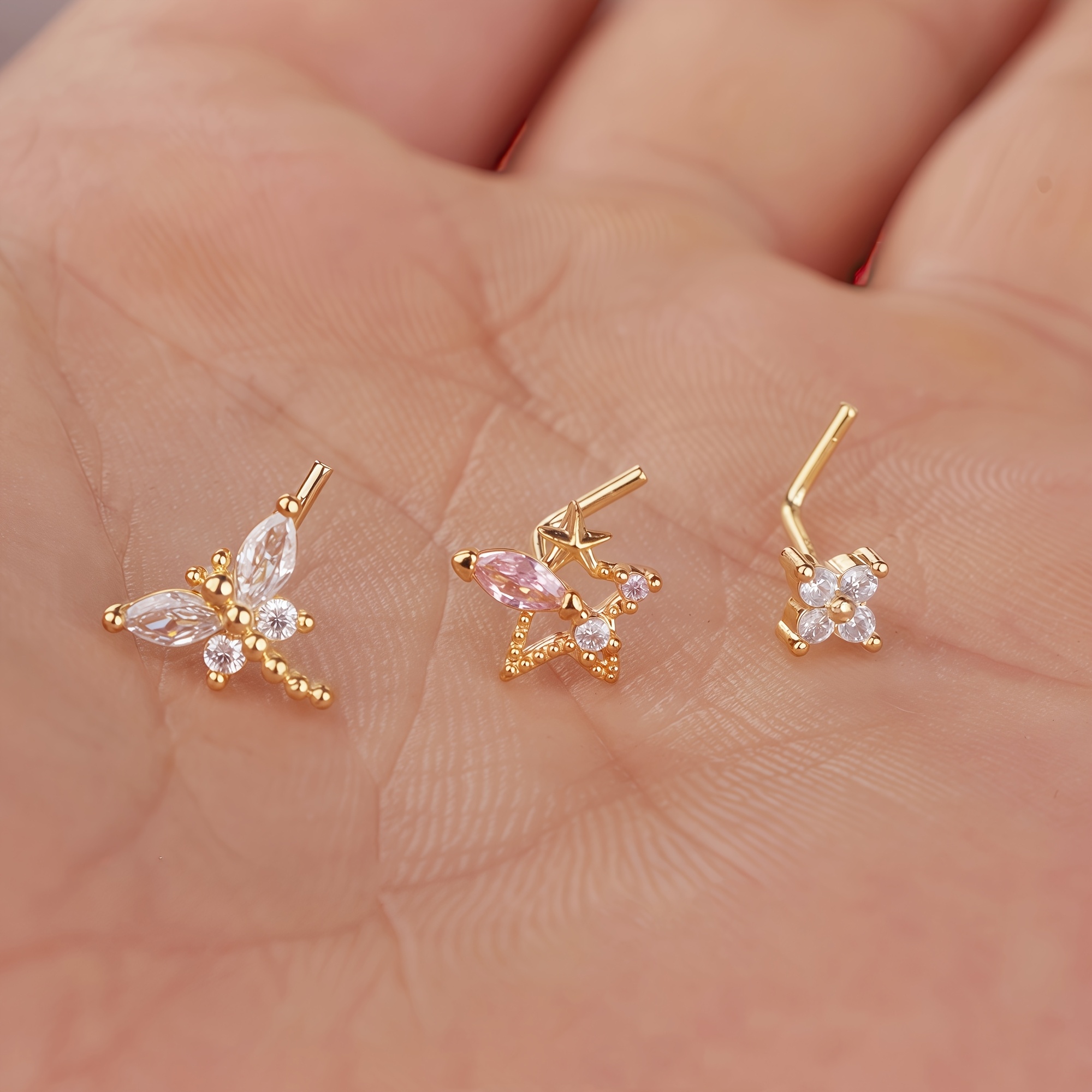 Image of 3pcs Nose Studs L Shaped Nose Rings Studs For Women Star Dragonfly Nose Piercing Jewelry Valentine's Day Gifts