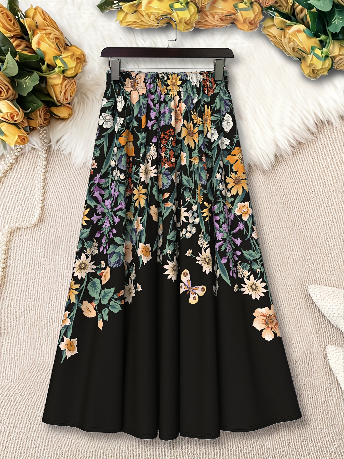 plus size floral print midi skirt elastic waist flared Temu - Main Image