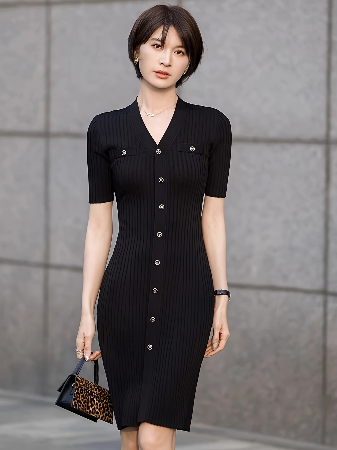 women's elegant -fit black dress with golden buttons & white striped cuffs  - knee-length fitted pockets for office, formal events, or casual , elegant evening  dresses, office wear, sophisticated tailoring | Today's