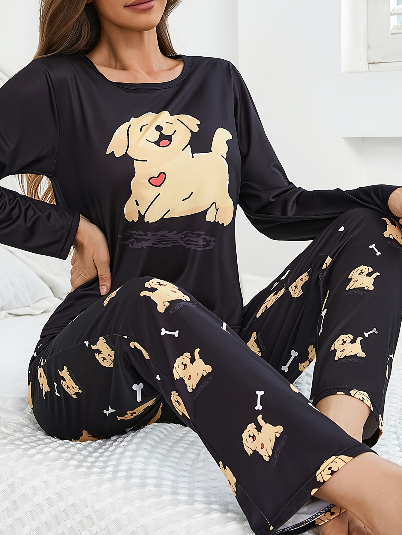 womens cute dog print pajama set 100 polyester casual long Temu