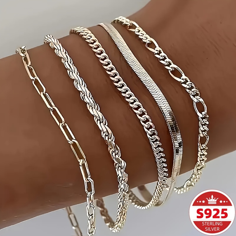 TEMU 5pcs Set 925 Sterling Silvery Cuban Bracelet - Bohemian Style For Men And Women | The Perfect Christmas Gift And Casual Wear