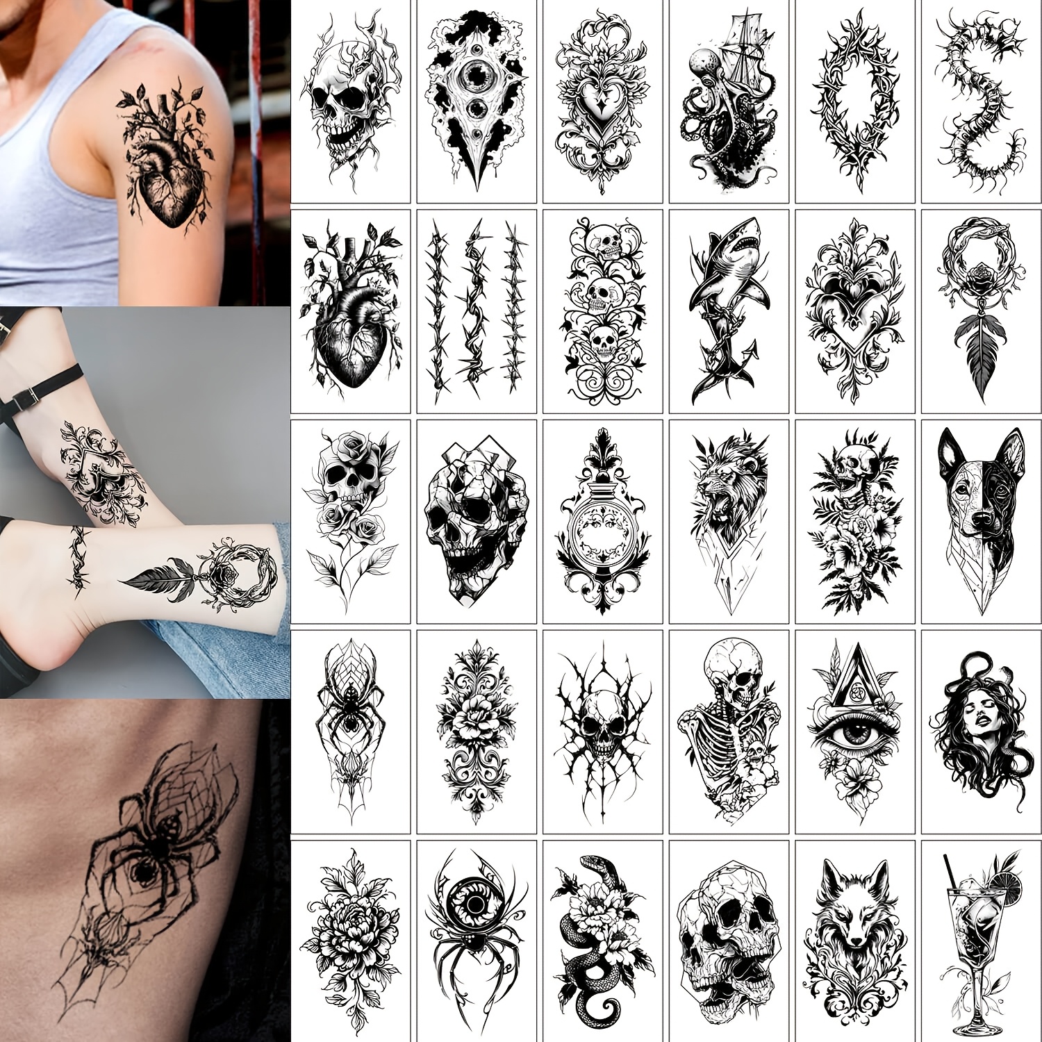 

30pcs Aoved Horror Temporary Tattoos For Adults - Waterproof, Intricate Featuring , Hearts, Spiders & More - Parties & Festivals, Aoved