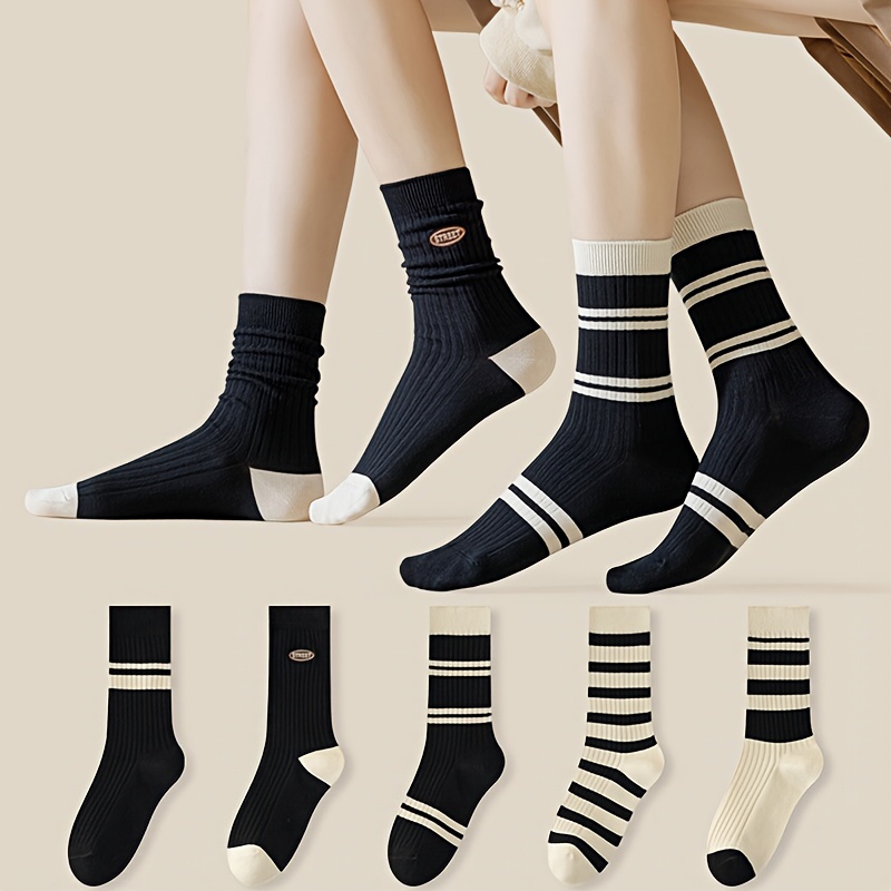 

Japanese And Korean Style 5/10 Pairs Of Women's Mid-calf Socks Autumn And Winter Loose-fitting Heel-stacking Socks Black And -striped Long Socks Suitable For Daily And Sports Wear