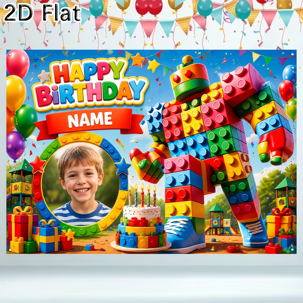 TEMU 2d Flat - 2d Flat 1pc Happy Birthday Party Background Banner, Customizable Name And With Colorful Building Block Robot Printed Pattern For