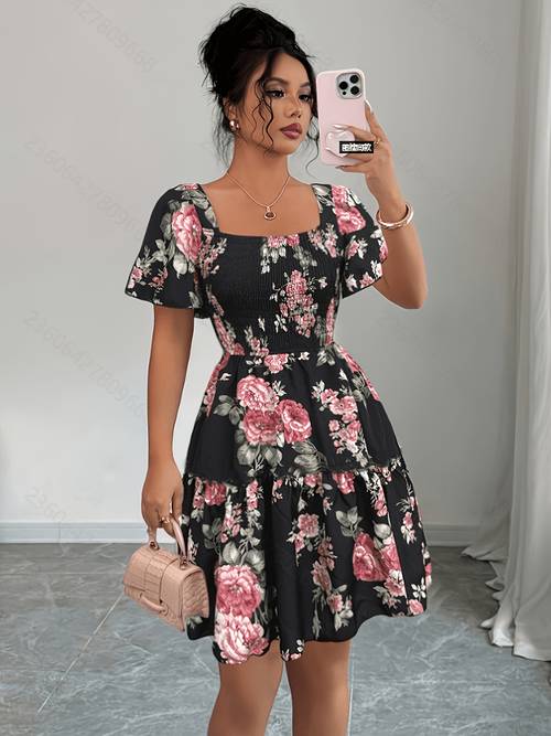 floral print short dress with waist cinching