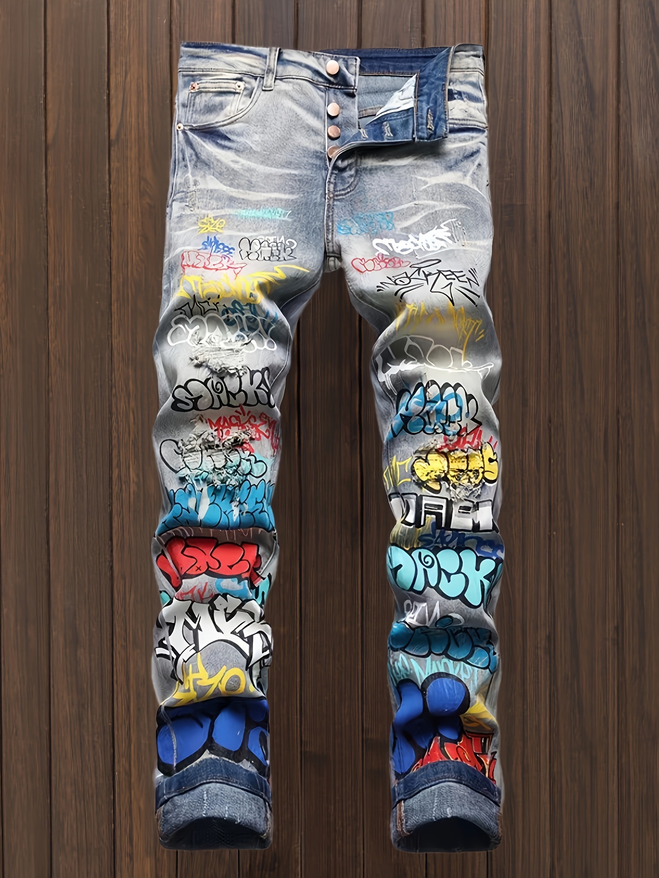 Men's Skull Jeans Distressed Punk Denim Pants Graffiti Print - Temu