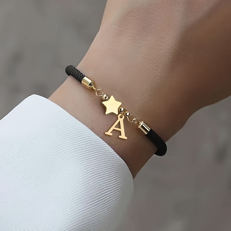 

1pc Alphabet Charm Adjustable Wristband, Fashionable Cord Rope With Stainless Steel Letters A-z & Star Pendant, Ideal For & Holiday Accessory, Personalized Gift And - Over 15 Years Old