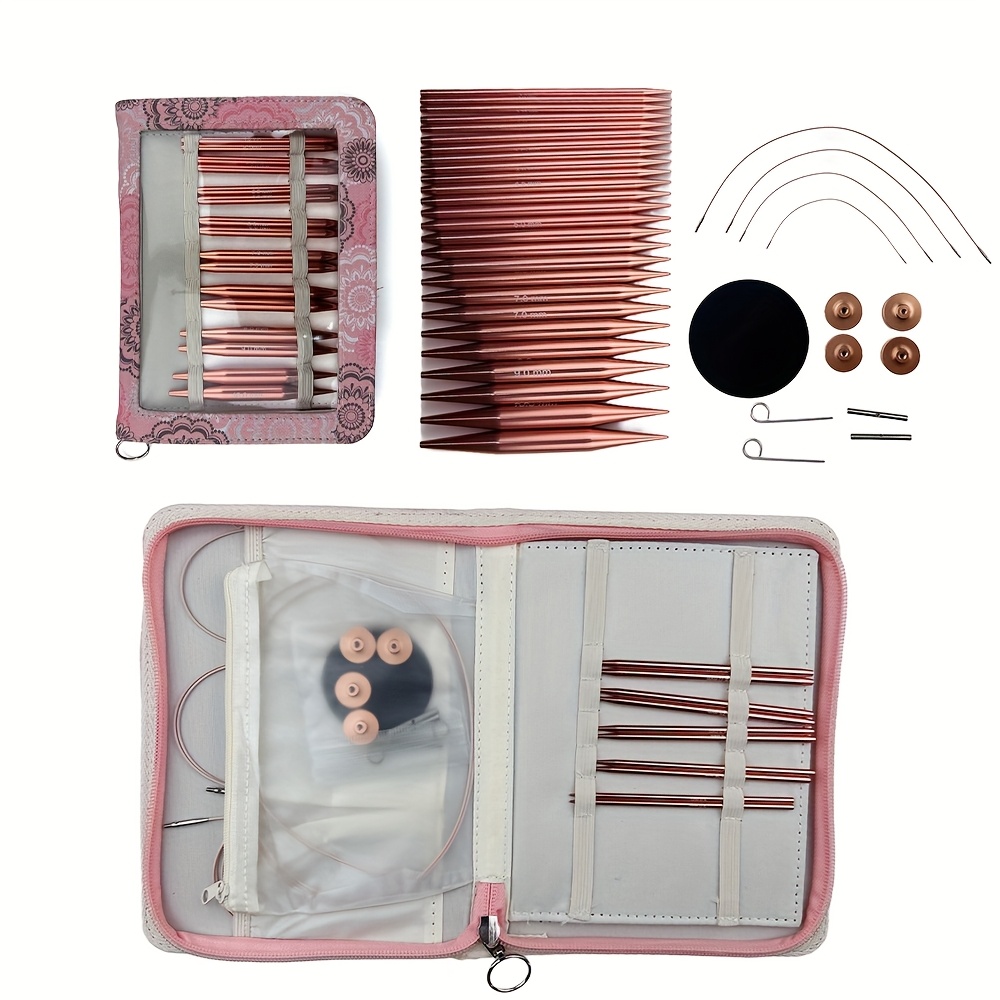 

1set Multifunctional Sweater Needle Oxidized Aluminum Rose Golden Removable Ring Needle 13pcs Set Cloth Bag