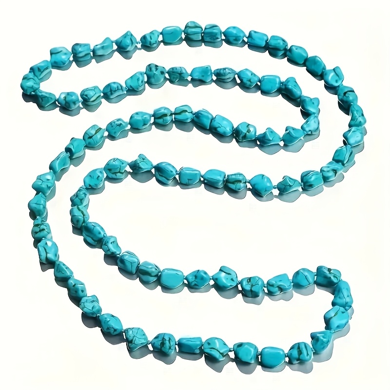 TEMU 1pc Women's Retro Turquoise Bead Necklace, Bohemian Western Cowboy Style Irregular Stone Long Necklace, Vintage Layering Ethnic Style Chunky