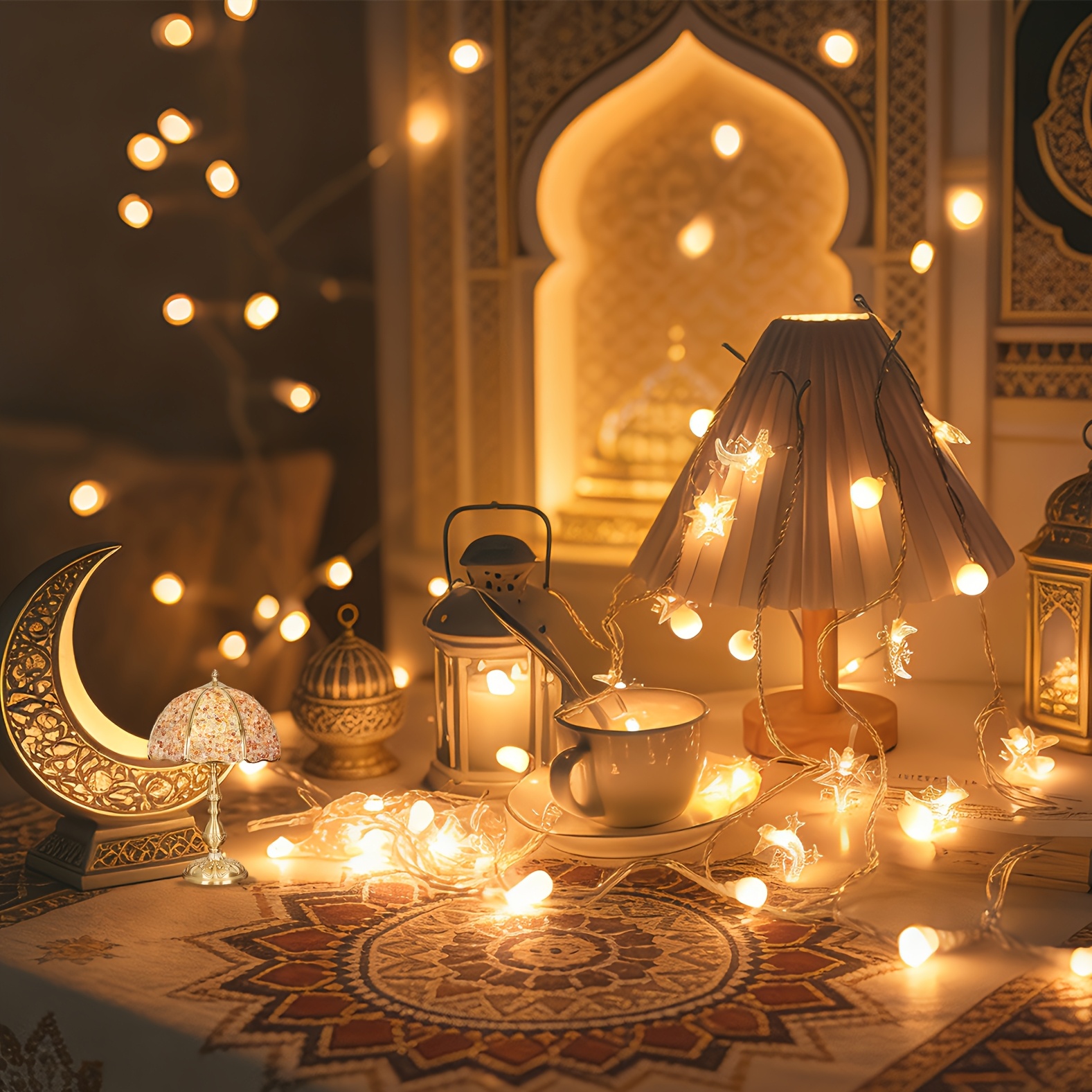 TEMU A 10-led String Light Featuring Ramadan Stars, , And Small White Balls. This Ramadan Decorative Light String Is Suitable For Valentine's Day,