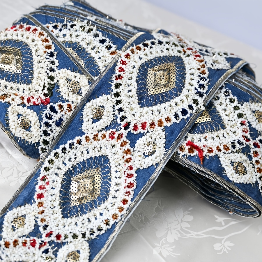 TEMU 1-meter Vintage Ethnic Style Lace Denim Sequin Embroidered Barcode Twill Cord Embroidered Webbing Apparel Accessory Lace Asian-style Embroidered