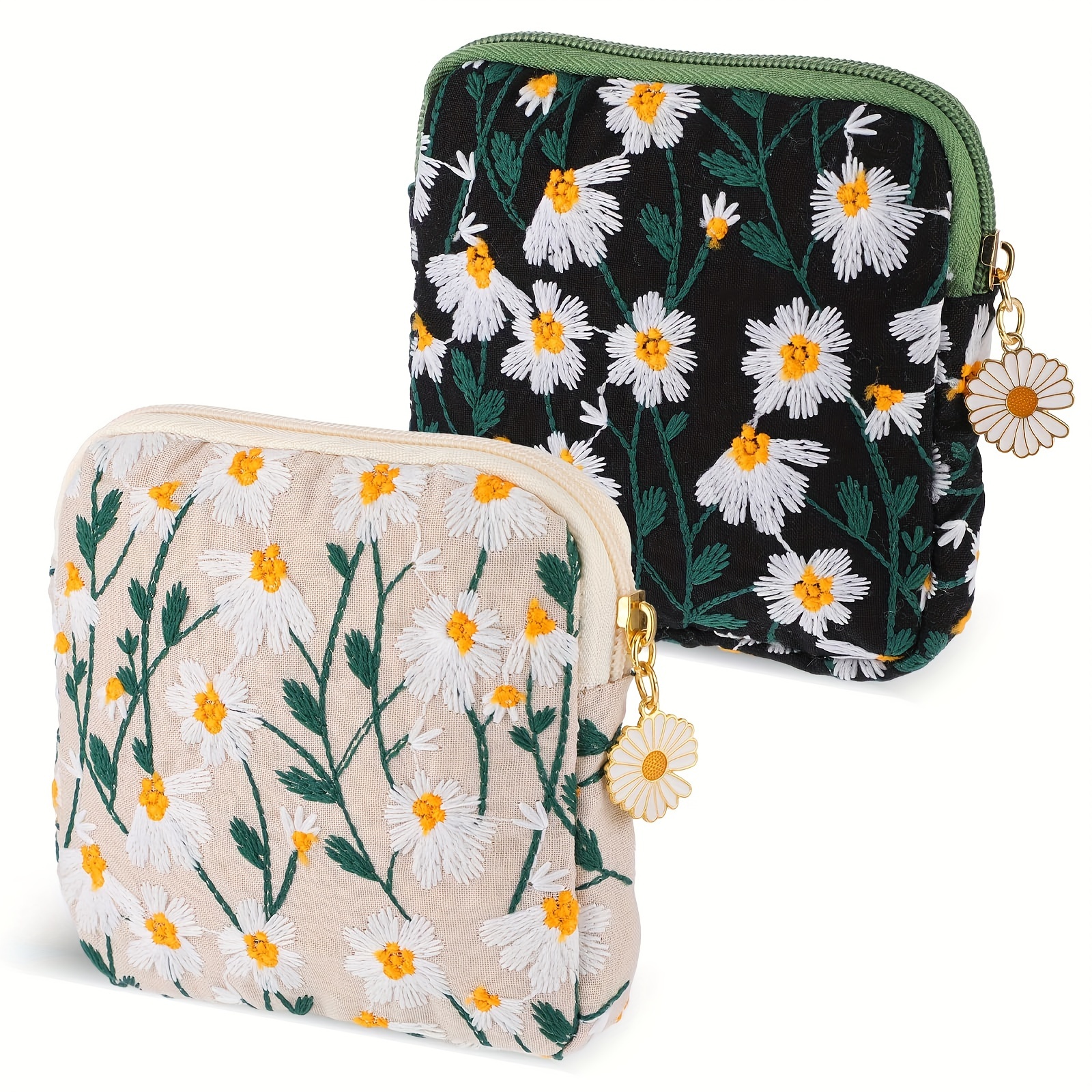 Image of 2pcs Embroidered Polyester Cosmetic Bag With Durable Zipper - Case For Makeup, Jewelry, Coin And Menstrual Supplies Storage - Portable