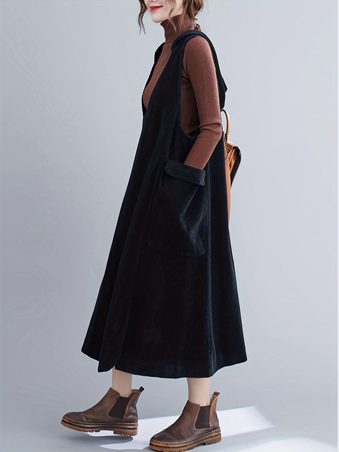 navy blue dress for baby girl Suspender Dress for Women's Fall Winter Corduroy Deep V Neck Casual Mini  Pinafore Dress main image 1