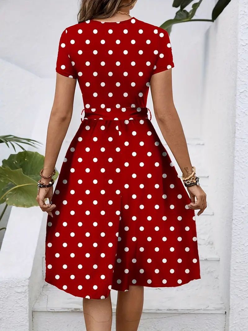 womens elegant red white polka dot dress adjustable waist Temu