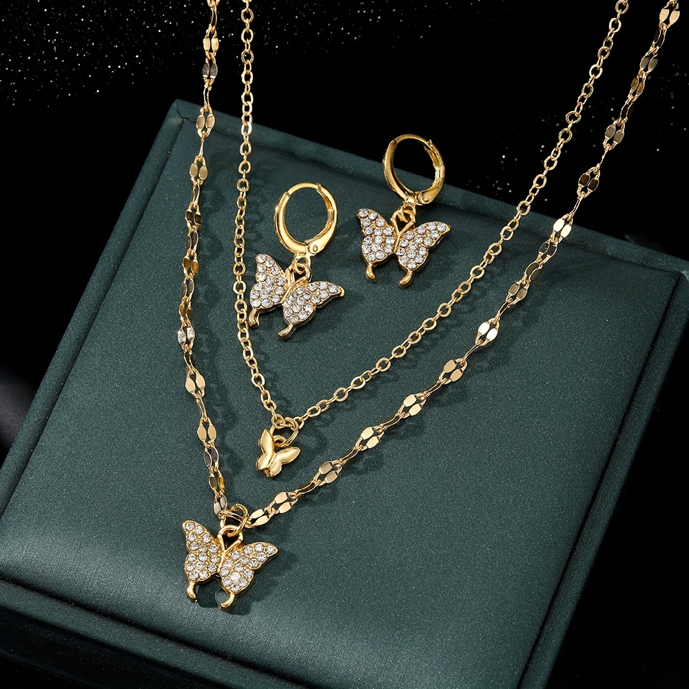 1 Par de Pendientes + 1 Collar, Conjunto de Joyería para Mujeres con Colgante de Mariposa Dorado y Plateado para Primavera Verano Vacaciones