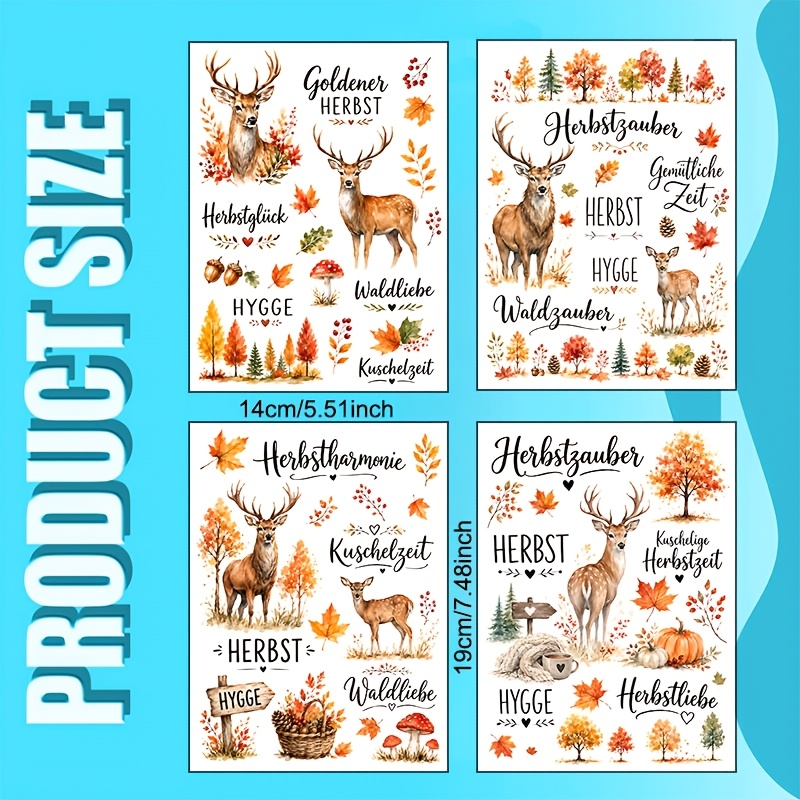 TEMU 4 Stk. Herbstwald-Hirsch Deutscher Vinyl-UV-DTF-Transfer, geeignet für Tassen, 16oz Glasbecher, Kaffeetassen, Keramik, Laptops,