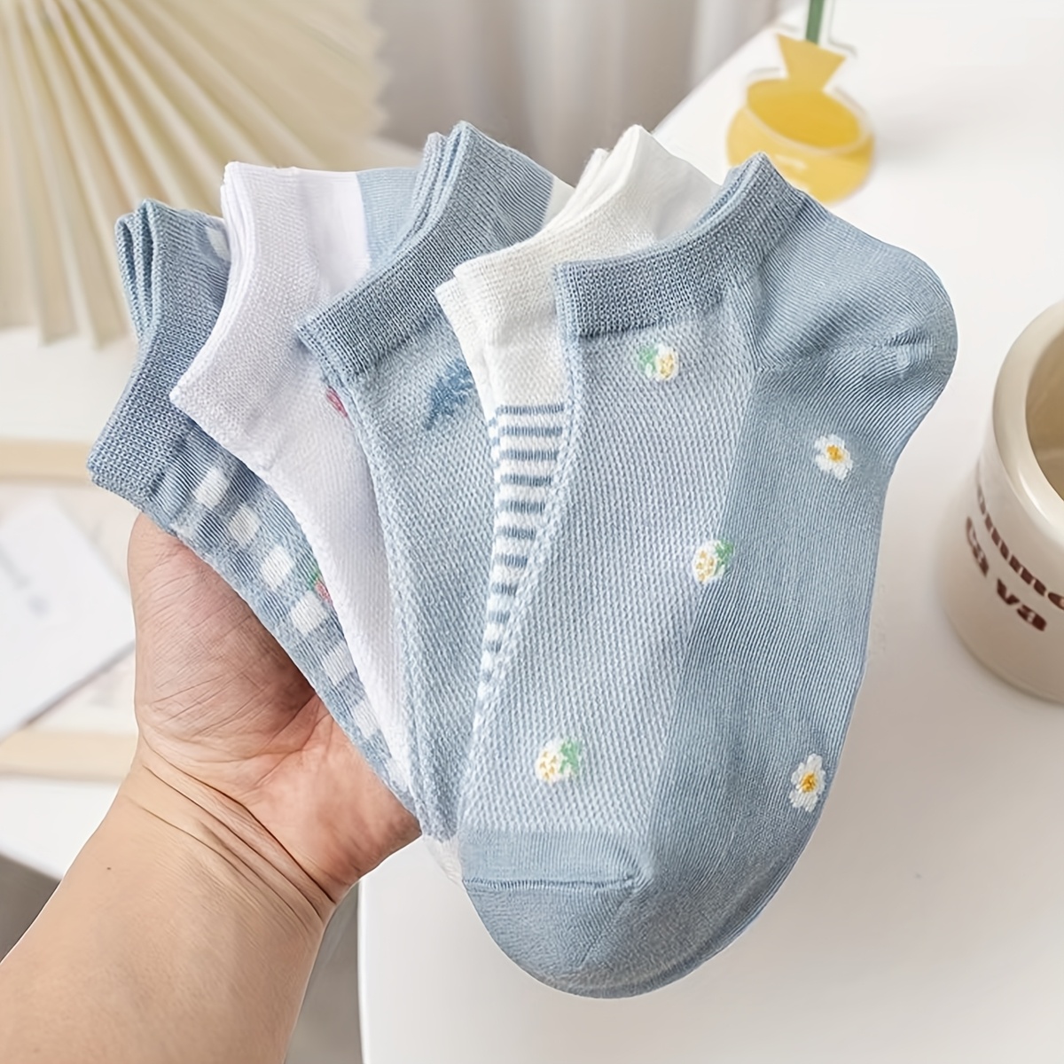 Image of 5-pair Pack Women's Colorful Cute Blue Little Strawberry Mesh Below Knee Socks, Breathable, Sweet, And Fresh, Suitable For Daily Wear